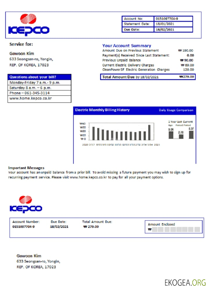 South Korea Electric Power Corporation electricity utility bill template in Word and PDF format